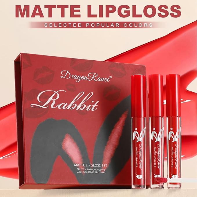 6 Pcs Matte Liquid Lipstick Set Red Lip Gloss with Long-Lasting and Waterproof Lipsticks for Women Lip Makeup Gift (Red Rabbit, 6 Pcs)