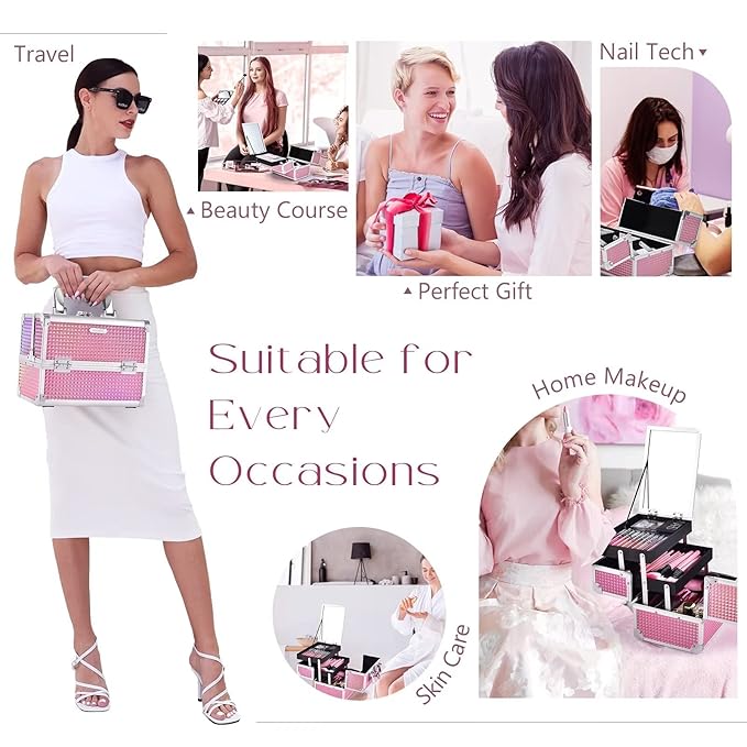 Joligrace Makeup Train Case Makeup Case Organizer Portable Cosmetic Box Storage with 2 Trays Mirror Locking Make Up Travel Case for Nail Kits Cosmetics Craft Traveling Makeup Box Mermaid Pink