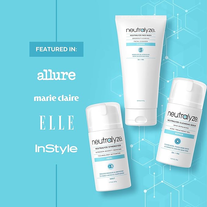 Neutralyze Moderate to Severe Acne Treatment Kit 2.0 - Maximum Strength 3 Step Acne Kit with 2% Salicylic Acid, 2% Mandelic Acid & Nitric Oxide - Includes Face Wash, Clearing Serum & Synergyzer
