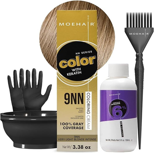 MOEHAIR Hair Coloring Kit | 9NN Permanent Hair Color (Very Light Blonde Intense), 20 Volume Developer 6%, Coloring Brush, Gloves & Mixing Bowl| Keratin Infused Color | Gray Coverage | Adds Shines