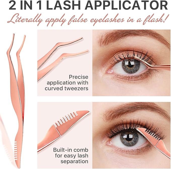 Pretty memory Upgraded Lash Applicator Tool with Comb, 2-IN-1 Stainless Steel Eyelash Tweezers, Lash Extension Curlers, Curved Tweezer Clip for Easy Application and Removal