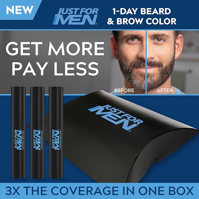 Just for Men 1-Day Beard & Brow Color, Temporary Color for Beard and Eyebrows, For a Fuller, Well-Defined Look, Up to 30 Applications, Dark Brown, Ships in Eco-Friendly Packaging (Pack of 3)