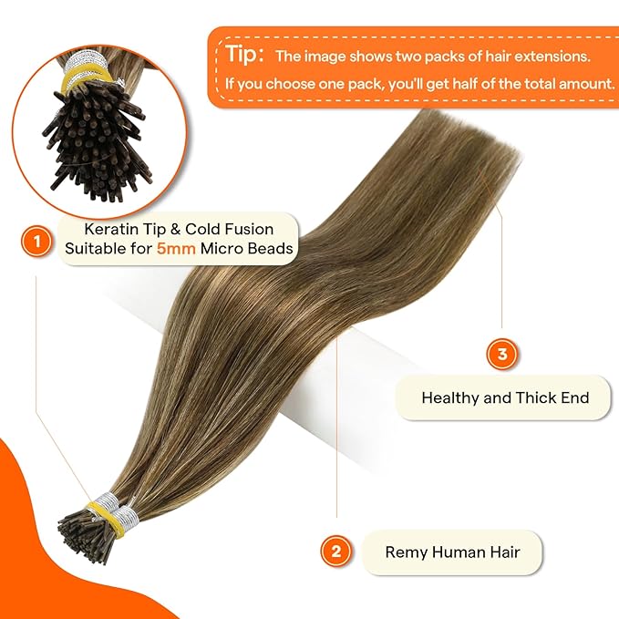 Full Shine I Tip Hair Extensions Real Human Hair 20 Inch Brown Highlighted Honey Blonde Cold Fusion Extensions Remy Hair 40 Grams Itip Human Hair Extensions add Length