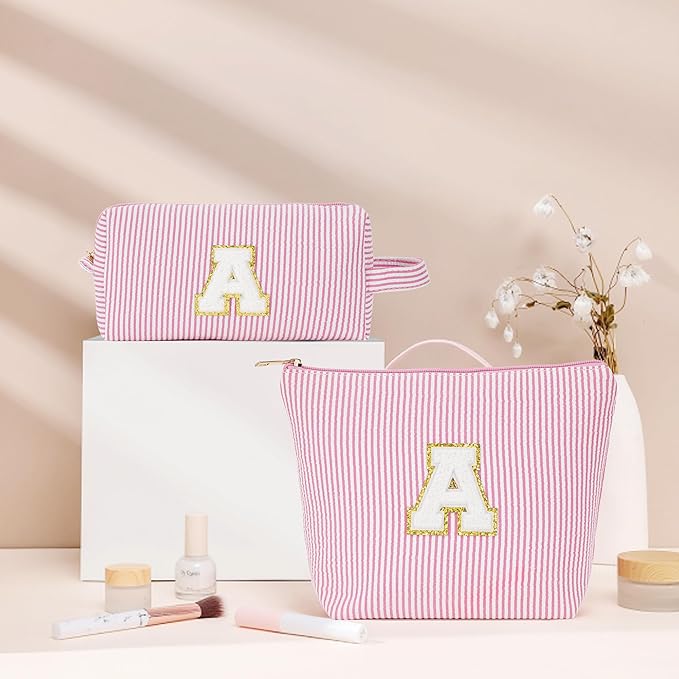 Initial Makeup Bag Set - Cute Pink Stuff for Women, Makeup Pouch Cosmetic Bag, Travel Essentials Toiletry Bag, Birthday Christmas Gifts for Women, Light Pink K