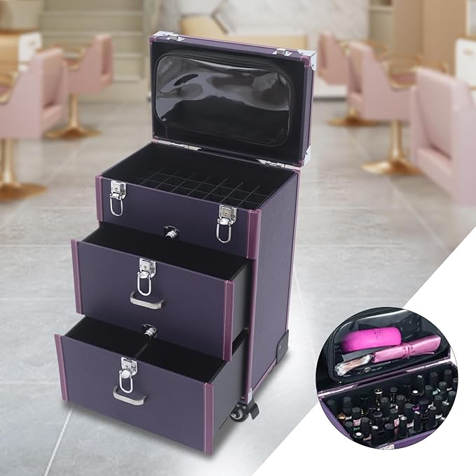 Makeup Train Case, Rolling Makeup Trolley Case, 3 Tiers Lockable Nail Polish Organizer with 2 Keys 4 Wheels (2 with Brakes) for Travel Makeup Artists Nail Technicians (Purple Case, Silver Lock)