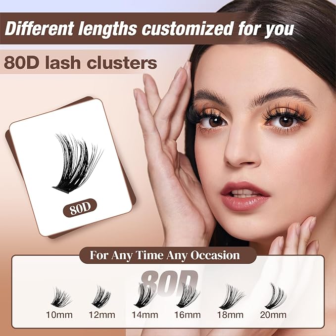 Lash Clusters Kit, DIY Cluster Eyelash Extensions 10‑20mm, 80D, 240pcs Fluffy D Curl Natural Lashes–Fake Cat Eye Individual Clusters