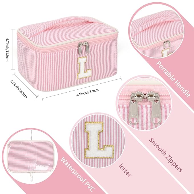OCHEAL Makeup Bag for Women, Monogram Cosmetic Bag with Brush Holder, Pink Travel Makeup Case Beauty Toiletry Bag Organizer Personalized Gifts for Girls Bridesmaid, Sister, Wife, Friends Initial L