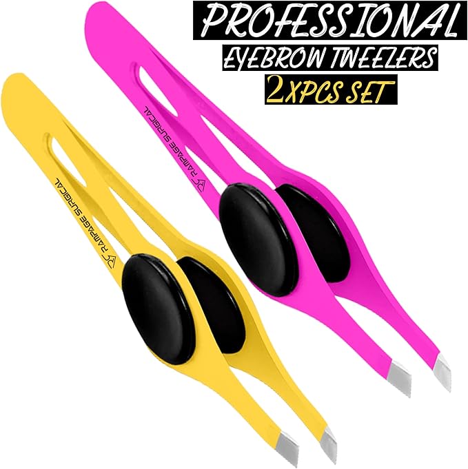 Professional Eyebrow Tweezers Slanted Tip Stainless Steel 2,3xPcs Set, Non-Slip Grip Slant Tip Tweezers for Facial Hair, Plucking Removing Ingrown Hairs, Tweezer for Women Men (Yellow&Pink)