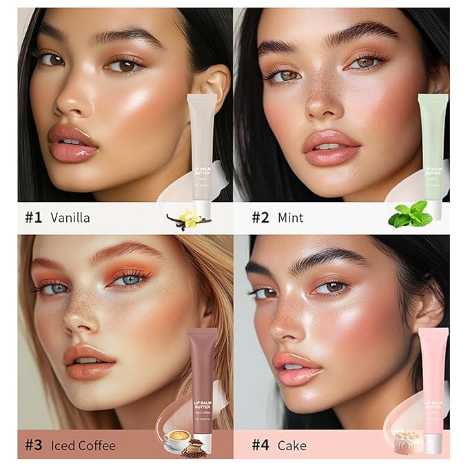4 Flavors Lip Glossy Butter Balm Lip Tint Hydrating Lip Gloss, Soothes & Softens Dry Lips High Shine Nude Color Nourishing Lip Care Finish (4 Color, 0.5 Oz)