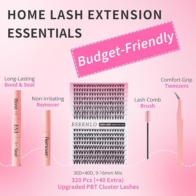 Lash Extension Kit, 320pcs DIY Eyelash Extension Kit 9-16mm Mix, 30D 40D Curl Individual Lash Clusters with Bond, Seal, Remover and Tweezers