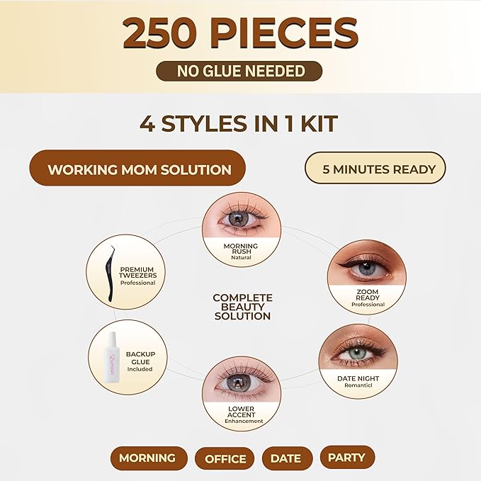 Natural Lash Clusters Pre Glued 250PCS Self Adhesive Individual Eyelashes No Glue Needed 4 Styles Upper Lower False Lashes Working Mom Extension Kit Tweezers