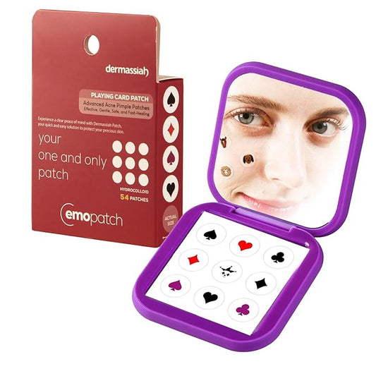 Acne Pimple Patches for Face 54 Count with Mirror Case for Day & Night Use - Hydrocolloid Pimple Pads, Emoji-Themed Blemish Dots, Clear Skin Treatment (Playing Card)