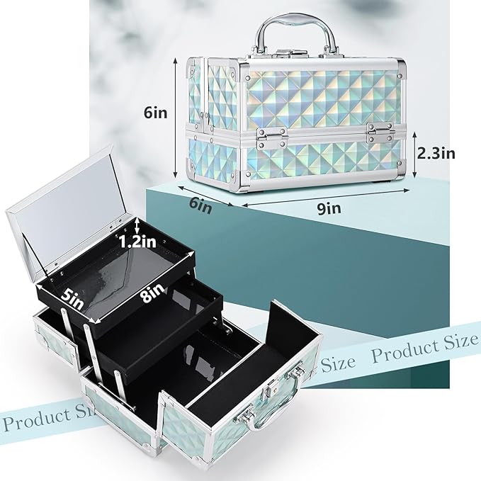 FRENESSA Makeup Case Portable Makeup Box Organizer Travel Cosmetic Case Storage with Mirror Locking Make Up Cases Organizers and Storage for Girls Nail Supplies Cosmetology Case Vanity Case Blue