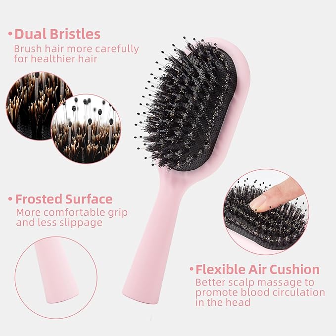 Boar Bristles Hair Brush for Women Men and Kids, Detangling Hair Brush for Smoothing Massage Add Shine, Nylon&Boar Bristles brush for Hair Healthy, Easy to Storage(Pink)