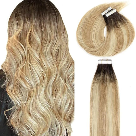 LacerHair Tape in Hair Extensions Human Hair Silky Straight PU Weft R#2-27/613 Caramel blonde Mixed Bleach blonde with Darkest Brown Roots 50 Gram Remy Human Hair Tape Ins 16 Inch