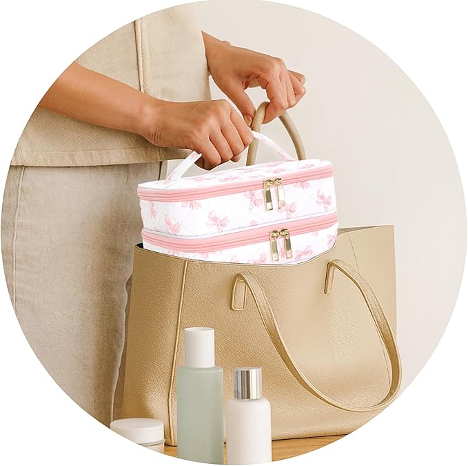 Travel Makeup Bag for Women Three Layer Large Cosmetic Case Water-resistant Toiletry Bag Organizer for Store Toiletries Cosmetic Accessories and Manicure Sets Pink Butterfly