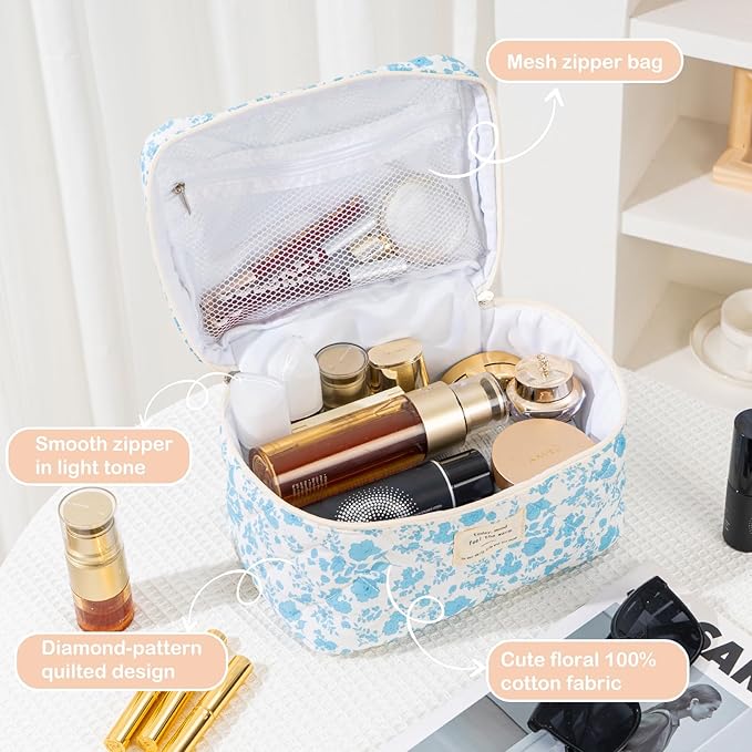 Makeup Bag for Women Quilted Cotton Make Up Bag Travel Cosmetic Bag Large Makeup Bag Cute Bow Makeup Bags Organizer Floral Toiletry Bag Makeup Pouch for Purse, Azure Blue
