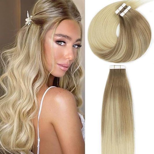 Lacer Hair Extensions Real Human Hair Tape in Balayage Light Brown to Platinum blonde Real Virgin Tape in Hair Extensions Human Hair PU Skin Weft Double Side 50g 20pcs/set 16 Inches