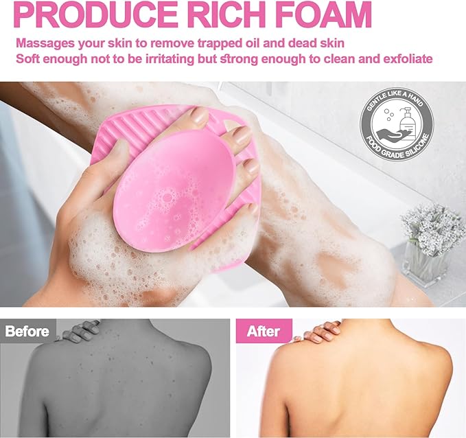 Silicone Body Scrubber with Suction Cup, Gentle Texture Exfoliating Body Scrubber for Men and Women On Sensitive Skin, Build Up Lather, Deep Skin Clean (Body+ Face Scrubber Pink)