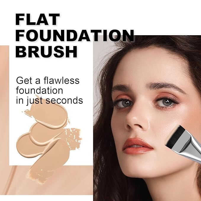 Flat Foundation Brush for Liquid Makeup,14CM Fast Flawless Flat Top Kabuki Makeup Brushes Face Cosmetics Concealer Brush for Liquid, Blending, Powder, Cream, Powder, Blush, Buffing Bright Silver