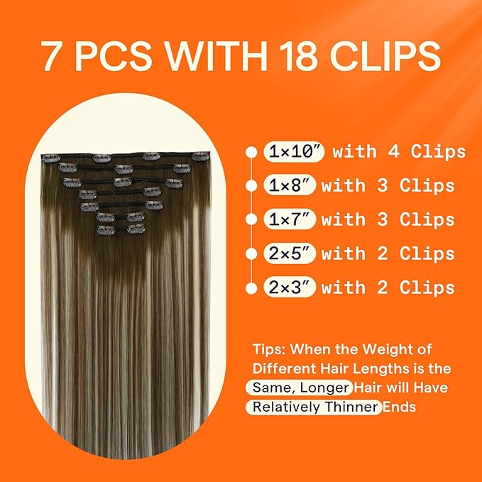 Full Shine Hair Extensions Clip ins Brown Ombre 22 Inch Clip in Human Hair Extensions Dark Brown to Blonde Clip in Extensions Real Human Hair Long Straight Hair 7 Pcs 120 G