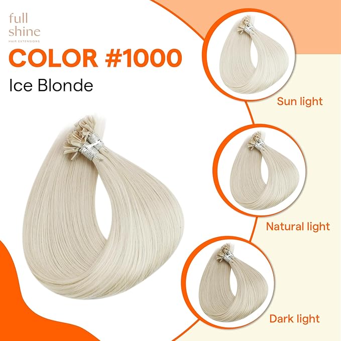 Full Shine U Tip Hair Extensions Human Hair Color 1000 White Blonde 14 Inch 40 Grams Keratin Bond Hair Extensions Remy Hair Fusion Extensions add Volume