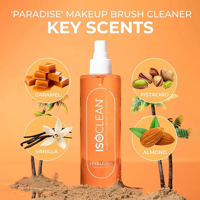 ISOCLEAN Professional Brush Cleaner 3 fl oz - Paradise - Makeup Brush Cleaner for Cosmetic Tools, Cleans Bristles, Scented No-Rinse Formula Dries in 60 Seconds, Vegan, Not Tested on Animals, Spray Top