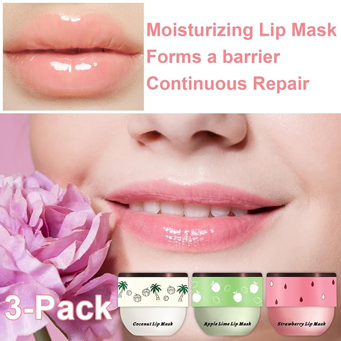 3 Pcs Bee Coconut Apple Honey Pot Lip Mask Sleeping Mask Hydrate Repair Prevent Dry Cracked Lip Exfoliator Care (Strawberry+Apple Lime)