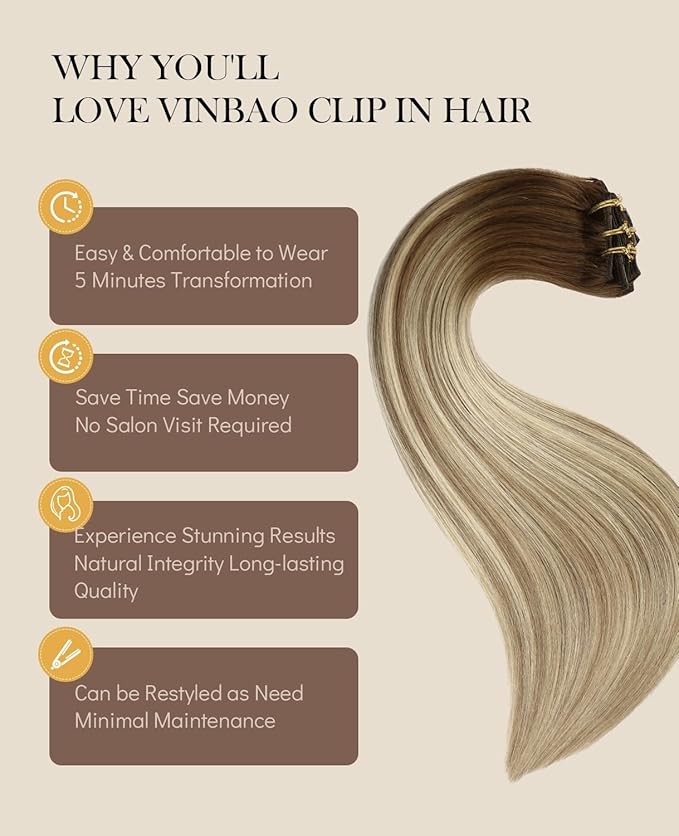 VINBAO Clip in Hair Extensions Human Hair Double Weft Balayage Color 3 Fading to 8 Highlight 22 Medium Blonde Clip in Hair Extensions Soft Straight Hair 6pcs 120 Gram 20 inch (#3/8/22, 20'')