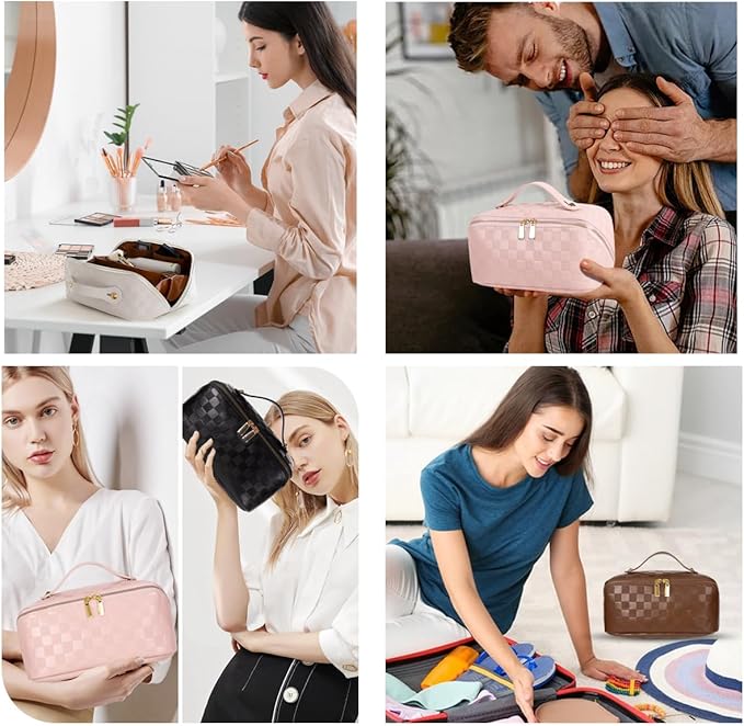 Large Capacity Checkered Makeup Bags Portable Travel Cosmetic Bags Open-Flat Toiletry Waterproof Bag for Women Girls Make up Organizer with Divider and Handle Pouch Zipper Bag (A-Black)