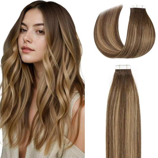 Lacer Seamless Tape in Hair Extensions Human Hair 18 Inch Chocolate Brown to Dark Caramel Blonde Balayage Invisible Hair Extensions Tape ins Soft 20pcs 50g