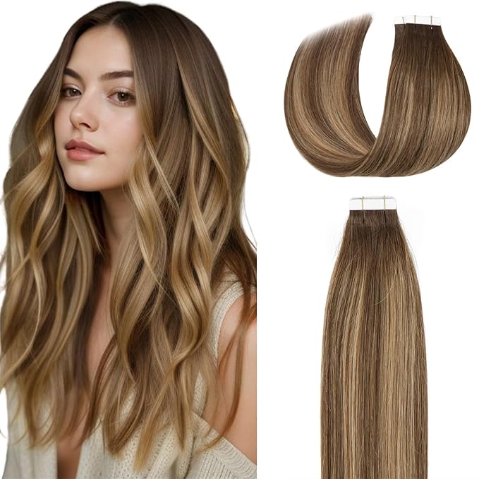 Lacer 16 Inch Tape in Hair Extensions Chocolate Brown to Dark Caramel Blonde Seamless Skin Wefts Rooted Tape in Hair Extensions 50 Grams 20Pcs
