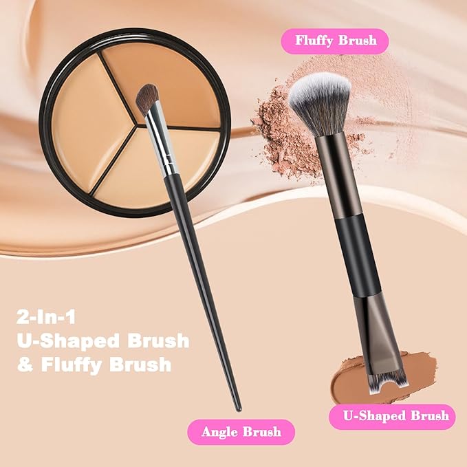 2PCS Nose Contour Brushes Set 2-In-1 U-Shaped Fluffy Angled Tilt Brush Set Dual Head Practical Makeup Tools for Precise Nose Sculpting Highlighting Defining Seamless Contouring for Makeup Artists