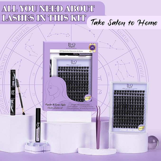B&Q Wispy Lash Clusters Kit B19, DIY Lash Extension Kit 156PCS Eyelash Extension Kit, Soft Natural Lash Clusters 8-18MIX D Curl Lash cluster, Thin Black Band Cluster Eyelash Extensions (B19 Set)