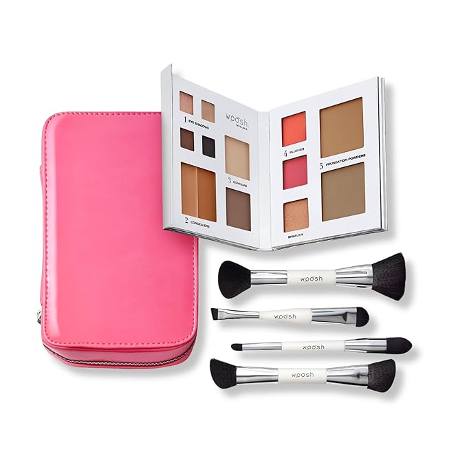 Woosh Beauty, Jetsetter Bundle in #4 Medium Deep, Fold out Face Original, Essential Brush Set, Travel Case in Hot Pink