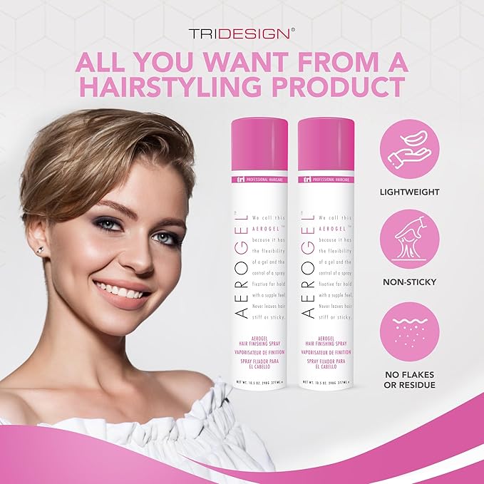 TRIDESIGN Aerogel Hairspray - Strong Hold Hair Finishing Spray for Volumizing & Control, Flexible Styling for All Hair Types, Non-Sticky and Scented - For Women and Men - Pack of 2 (10.5 Oz)