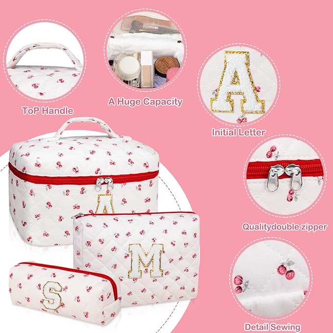 Initial Makeup Bag Set, Personalized Quilted Makeup Bag, Large Floral Cosmetic Bag for Women, Cute Cotton Custom Make up Bags, Flower Travel Toiletry Bag Teen Girl Gift Trendy Stuff Gift Red Cherry M