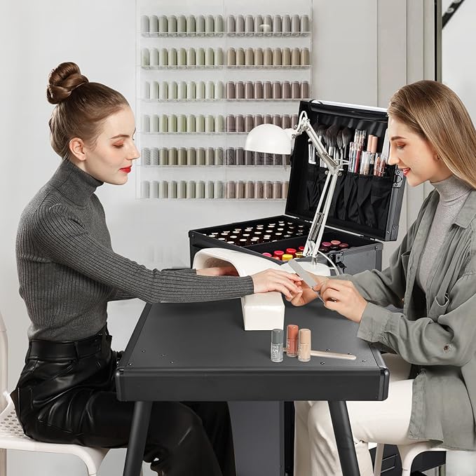 Joligrace Rolling Manicure Table 5 Drawers Makeup Case Foldable Nail Desk Cosmetology Case on Wheels Nail Tech Table with Brush Pouch for Technician Workstation Mobile Makeup Artist Trolley Black