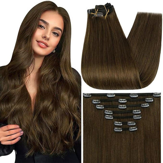 Full Shine Clip in Hair Extensions Brown Human Hair Extensions Clip ins Medium Brown Straight Brazilian Hair Extension for Thin Hair 20 Inch 7 Pcs 120 G
