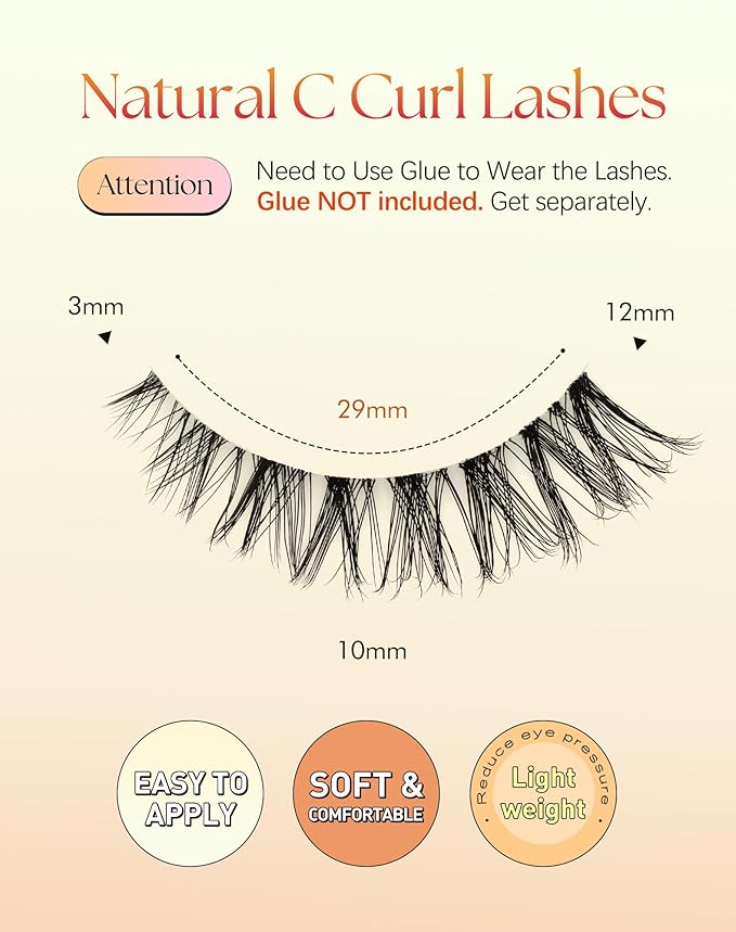 Natural Cat Eye Lashes 12MM False Eyelashes with Clear Band Wispy Lashes Natural Look C Curl Fake Eyelashes Pack 3D Volume Lash Strips ChirpyLuna Eyelash 7 Pair
