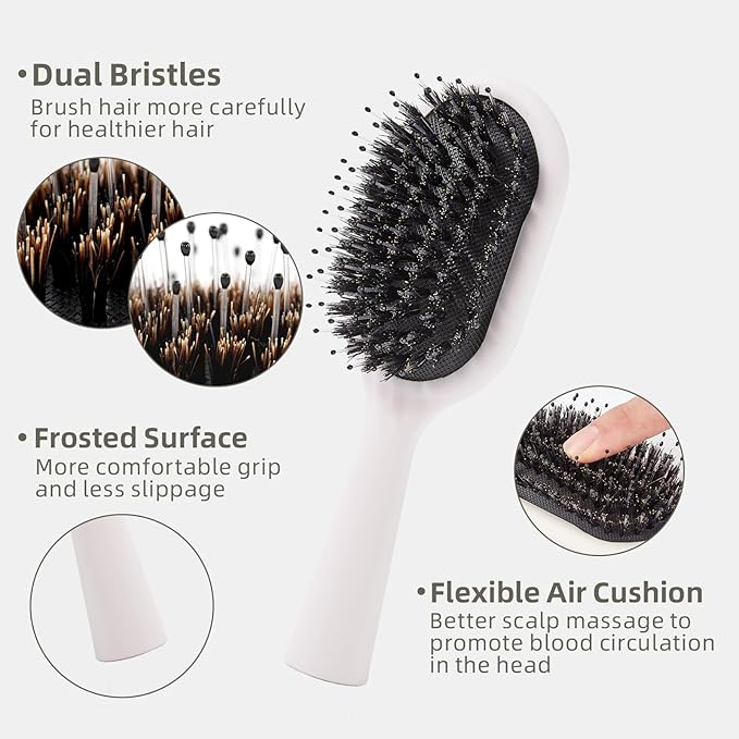 Boar Bristles Hair Brush for Women Men and Kids, Detangling Hair Brush for Smoothing Massage Add Shine, Nylon&Boar Bristles brush for Hair Healthy, Easy to Storage(White)