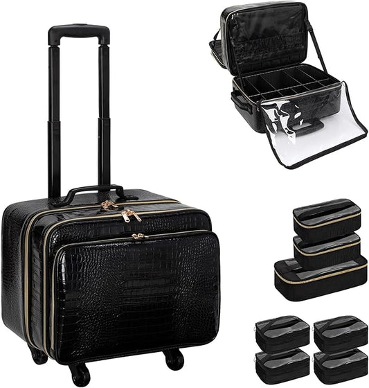 OCHEAL Rolling Makeup Train Case,with 7 Pcs Clear Makeup Bags, 18" Carry On Travel Cosmetic Organizer Suitcase,Extra Large Storage Trolley Makeup Case On Wheels for Hairstylist Cosmetology Artist