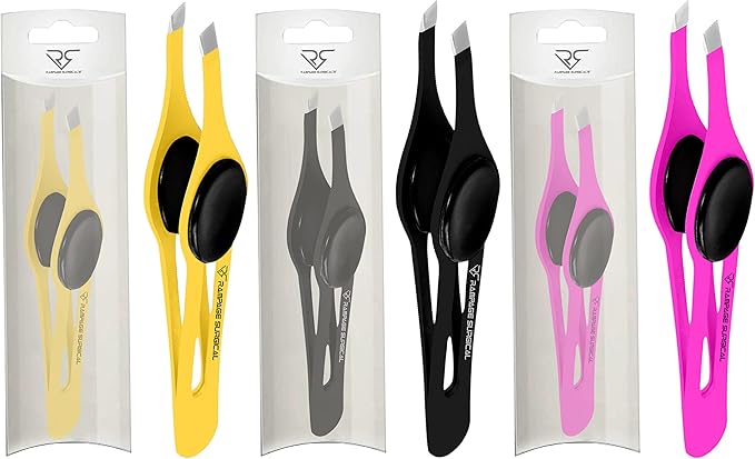 Professional Eyebrow Tweezers Slanted Tip Stainless Steel 2,3xPcs Set, Non-Slip Grip Slant Tip Tweezers for Facial Hair, Plucking Removing Ingrown Hairs, Tweezer for Women Men (Black&Pink&Yellow)