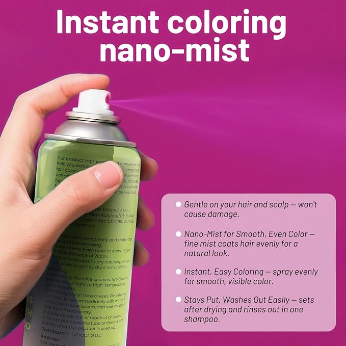 Pink Hair Spray, Temporary Hair Color Spray for Women Men– Safe Non Sticky Washable One Day Hair Dye Spray, Disposable Accessories Included, for Halloween Cosplay Party DIY Costume Pet Fun