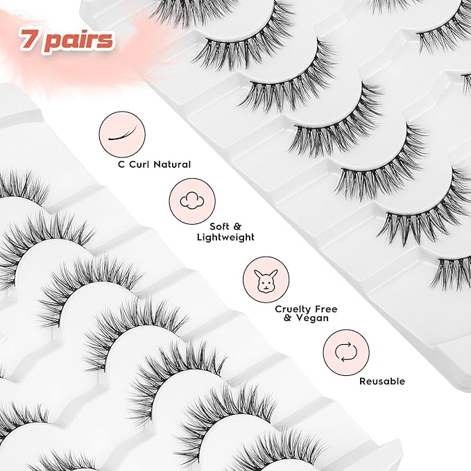 Eyelashes Natural Cat Eye Lashes False Eyelashes Wispy Lashes Flared Lashes Pack C Curl Eyelash Soft False Lashes 12mm Short Lashes Siligli 7 Pair