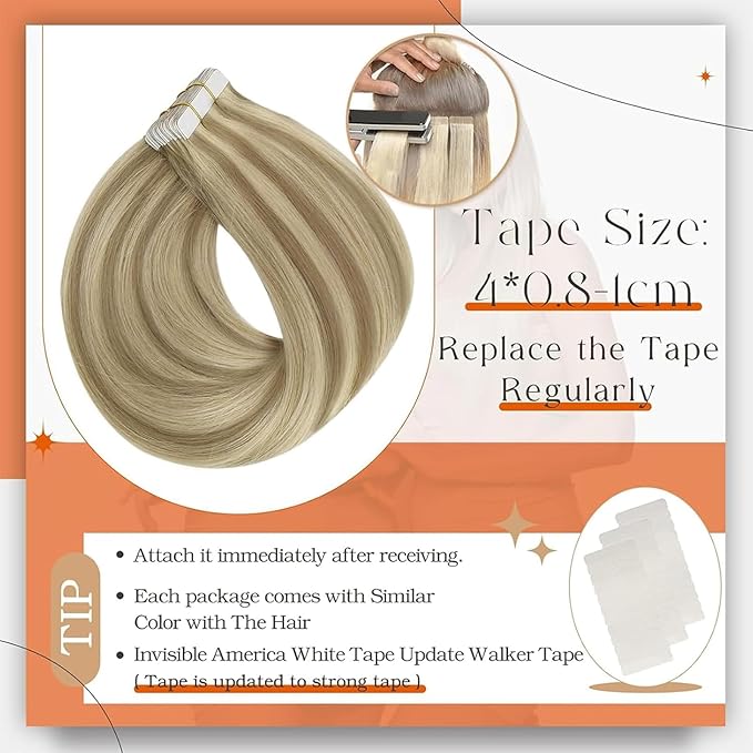 Full Shine Tape in Hair Extensions Real Human Hair 22Inch Color 16 Highlighted 22 Blonde Hair Extensions Tape in 50Gram Pu Tape ins Human Hair Seamless Skin Weft Extension Natural Hair 20Pcs
