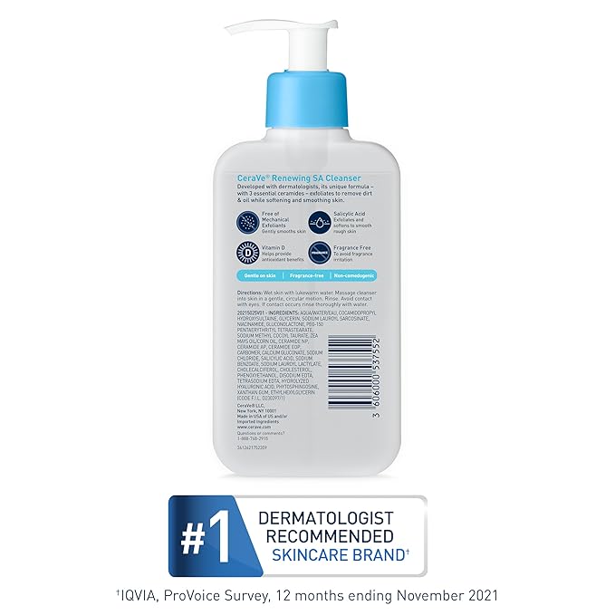 CeraVe Renewing Salicylic Acid Cleanser, Formulated With Hyaluronic Acid, Niacinamide, & Ceramides, Gentle BHA Exfoliating Face Wash Smooths & Softens Skin, Non Comedogenic & Fragrance Free, 16 Ounce