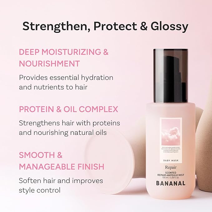 Korean Scented Hair Serum Mist – Argan Oil & Silk Protein Ampoule for Nourishing, Frizz Control, Damaged Repair & Glass Hair Shine – Baby Musk, 100ml / 3.38 fl oz