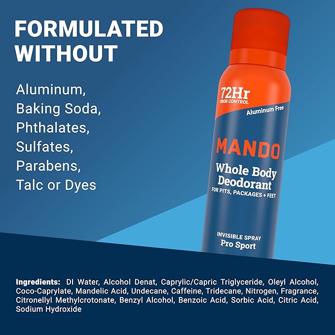Mando Whole Body Deodorant For Men - Invisible Spray Deodorant - 72 Hour Odor Control - Low Irritation Formula - Aluminum Free, Benzene Free - 3.6 ounce Can - Pro Sport