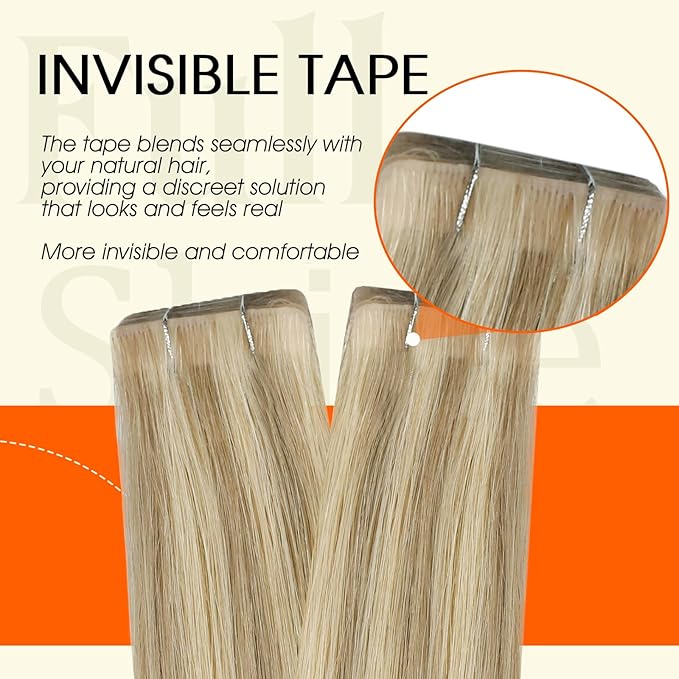 Full Shine Blonde Tape in Hair Extensions Color 16P22 Injected Hair Extensions Tape in 14Inch Seamless Invisible Extension for Fine Thin Hair Cuticles Aligned Short Hair Compatibility 40G 20Pcs